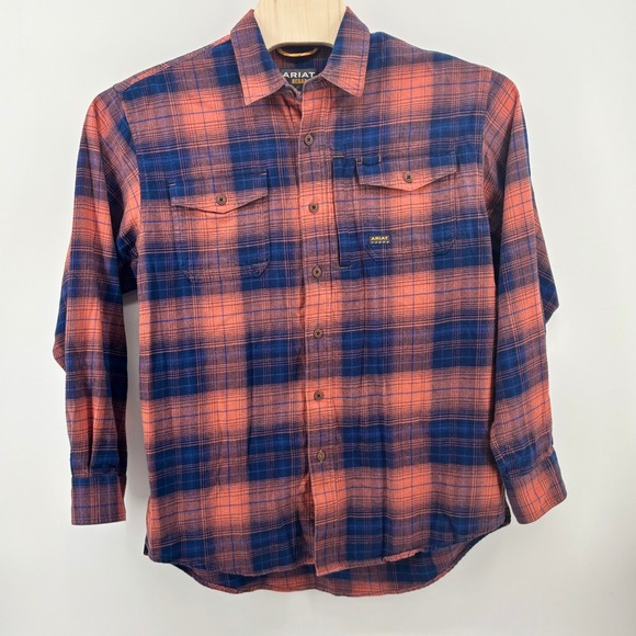 Ariat Other - Ariat Rebar Mens Large Orange Navy Blue Plaid Flannel Work Shirt Button Down L
